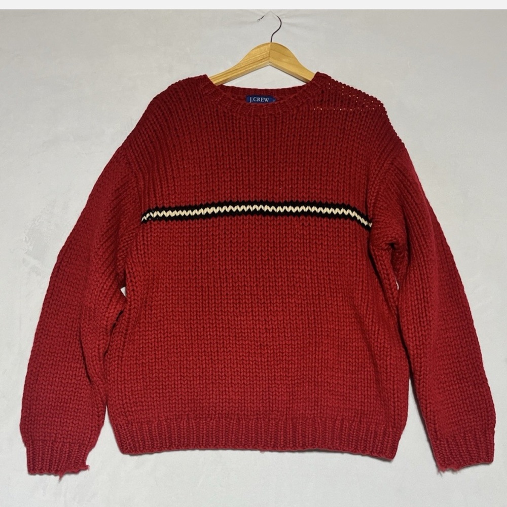 Vintage J. Crew Men's Red Crewneck Sweater with Stripe